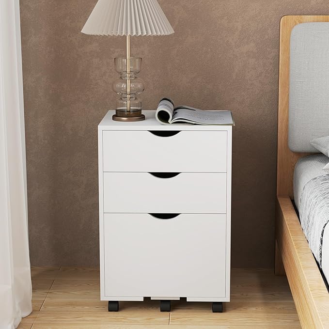 HollyHOME 3-Drawer Wood File Cabinet, Under Desk Cabinet for Home Office, Rolling Storage Shelf for Home, Printer Stand, for A4, Letter-Size, 11.8in Hanging File Folders, White