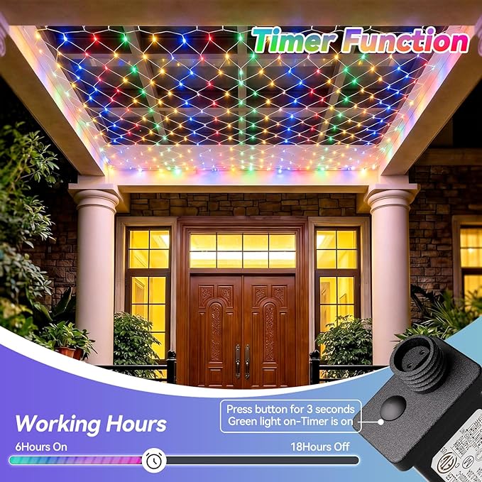 LitHome 10 x 10FT Gazebo Net Lights Outdoor, 200 LED Gazebo Lighting Waterproof, 8 Modes Connectable Net Lights with Timer, Multicolor Christmas Mesh Light Plug in for Bushes, Pergolas, Garden Decor