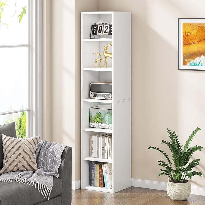 LITTLE TREE 70.9 Inch Tall Narrow Bookcase, Corner Bookshelf 6 Tier Cube Display Shelf Storage Organizer for Small Space, White