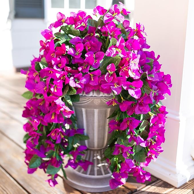 Faux Bougainvillea Artificial Flowers Plants for Outdoors Outside Decoration, 2 pcs Purple Fake Flowers UV Resistant Look Real Silk Long Trailing Vines for Front Door Porch Planter Urn Patio Garden