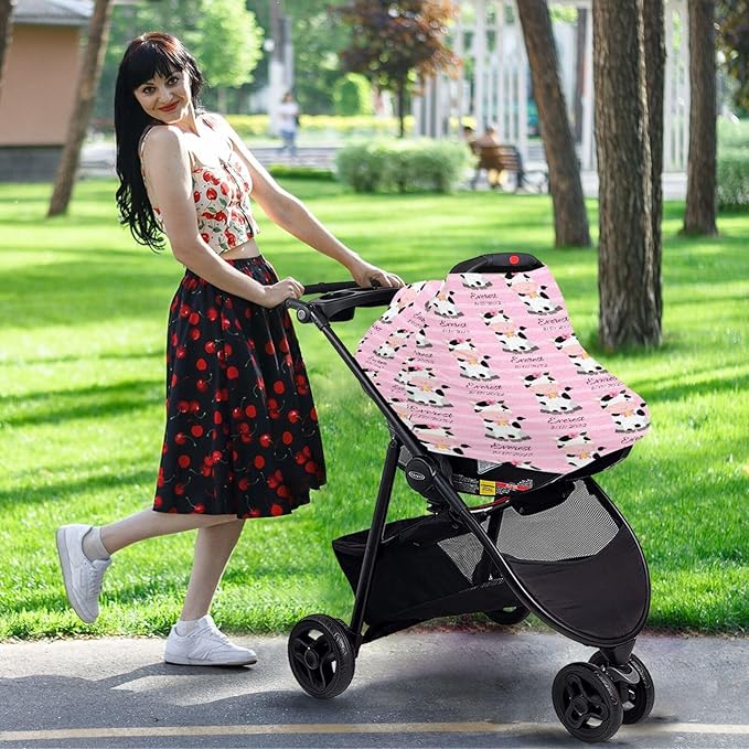 Personalized Baby Car Seat Cover for Babies, Custom Name Baby Car Seats Canopy for Girls, Nursing Breastfeeding Stroller Covers for Infant Newborn, Shower Gift for Baby (Cute Cow Pink)