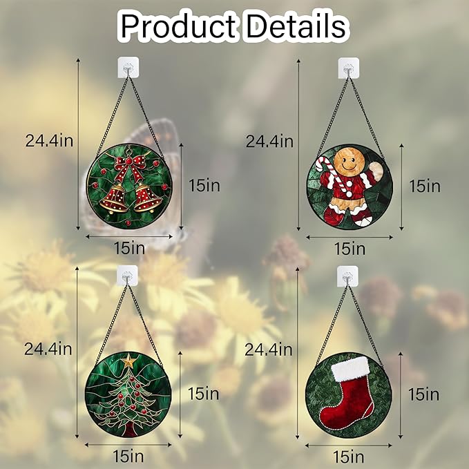 Stained Glass Window Hanging 4 Pcs Set Red Christmas Stockings and Gingerbread Large 15" - Suncatcher Door Garden Sun Catcher Decor Birthday Mother's Day Xmas Gifts for Mom Woman Nana Men