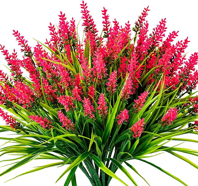 Artificial Flowers for Outdoor Plants 24 Bundles Fake Lavender Plastic Faux Monkey Grass for Verandah Window Garden Office Patio Front Porch UV Resistant for Planter(Hot Pink)