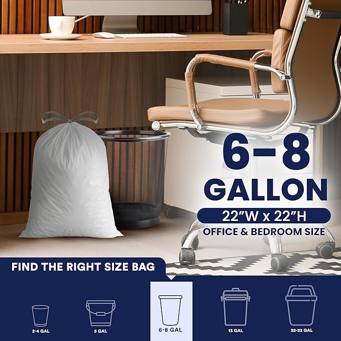 Plasticplace 8 Gallon Trash Bags -White Drawstring Garbage Can Liners