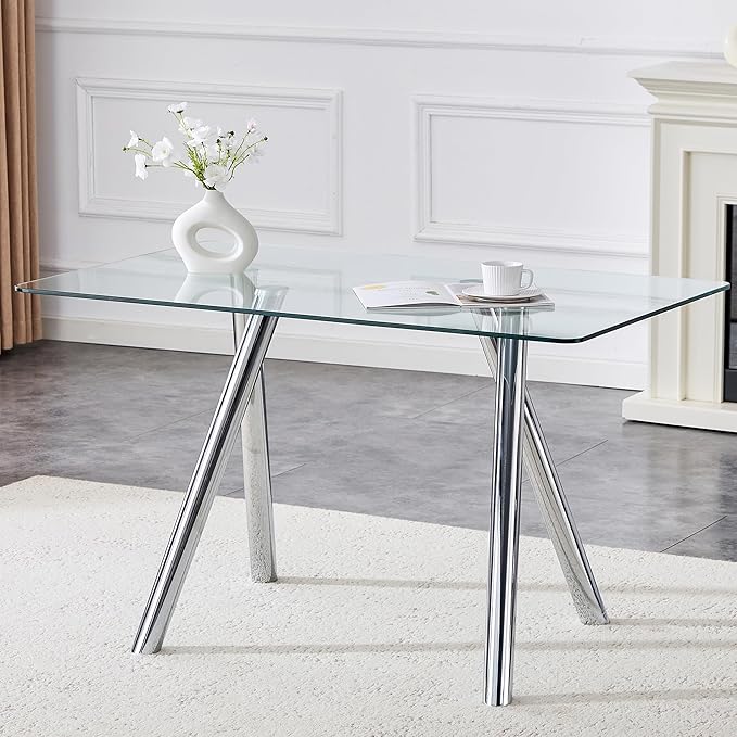 Modern Glass Dining Table for 6, 51.2" Rectangular Dining Table with Tempered Glass Top & Metal Legs, Kitchen Table for Dinner Dining Room Living Room