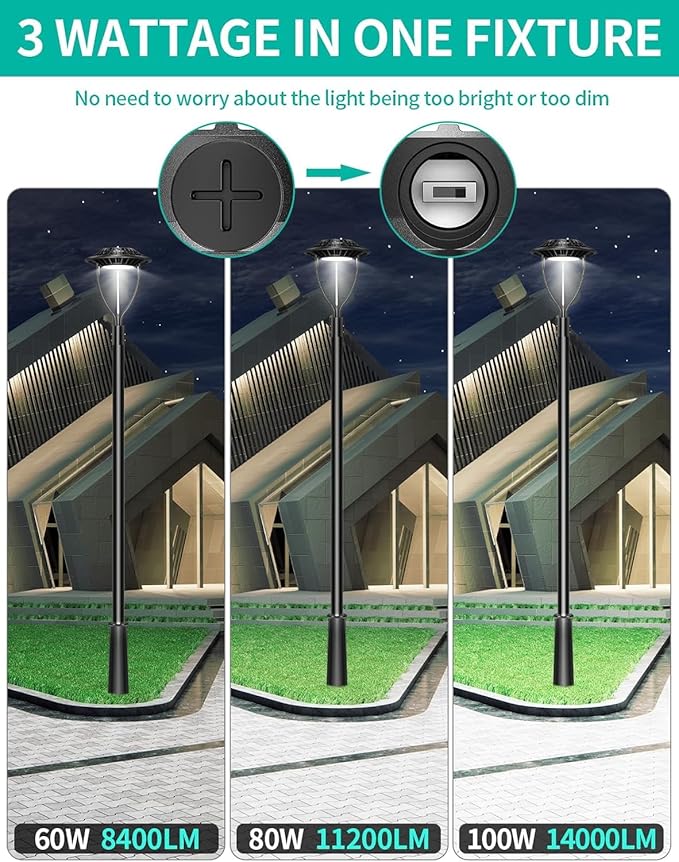 10 Pack LED Post Top Light ETL Listed 100W 80W 60W Adjustable Outdoor Pole Lights with Photocell IP65 Waterproof Post LED Fixture 5000K for Garden Yard Street Lighting