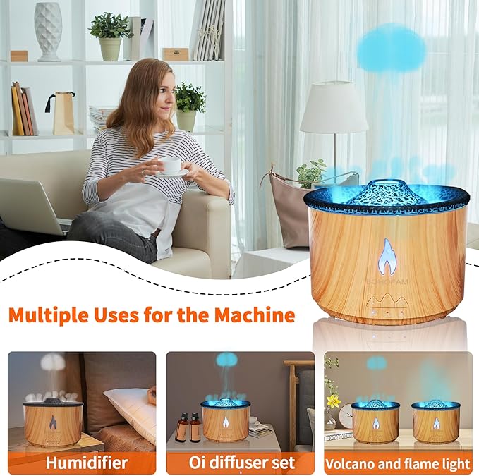 BOHOFAM Aroma Essential Oil Diffuser 360 ML,Volcano and Flame Diffuser/Humidifier,Give1.76 oz Hotel Collection Diffuser Oils,7 Colorful Light Change,Diffusers for Home,Large Room(Wood Grain)