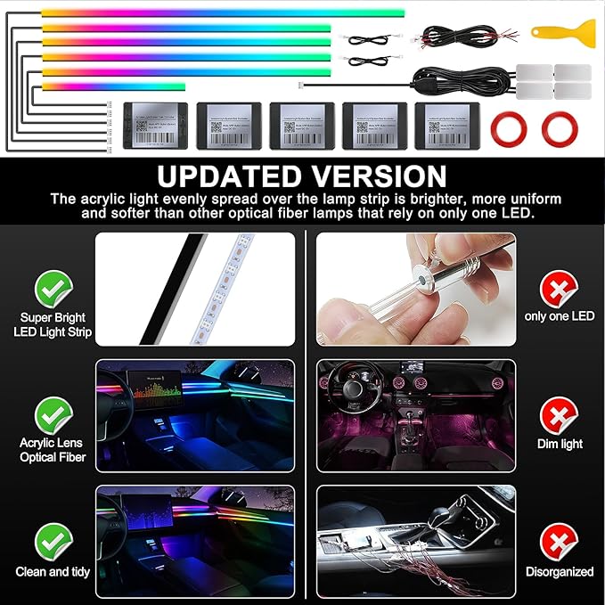 Dreamcolor Acrylic Interior Car LED Strip Light with Wireless APP, RGB 10 in 1 with 175 inches 593 Neon Car Ambient Lighting Kits, Dynamic Chasing Music Sync LEDs Fiber Optic Strip Lights for Car