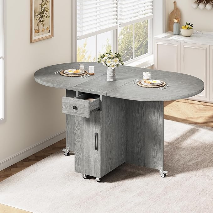 Folding Dining Table for 4 Kitchen Dining Room DinnerTable with Storage Drawer Space Saving Oval Foldable Drop Leaf Gateleg Furniture for Small Space (Grey, 51 * 31.5 * 30)