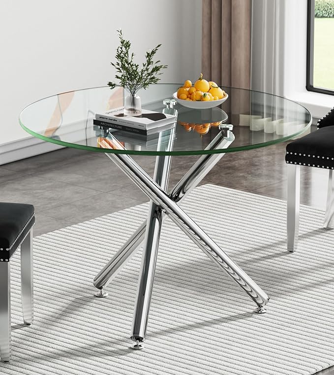 36" Round Dining Table for 4, Modern Clear Glass Kitchen Table for 4 with Silver Cross Metal Legs, Contemporary Small Circle Dining Room Leisure Tables for Kitchen Apartment