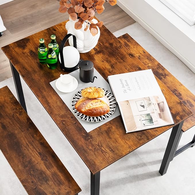 LDAILY Moccha Dining Table Set for 4, Kitchen Table with Benches,43 Inch 3-Piece Wooden Space-Saving Dinette Set with Metal Frame for Kitchen, Dining Room,Small Spaces, Rustic Brown & Black
