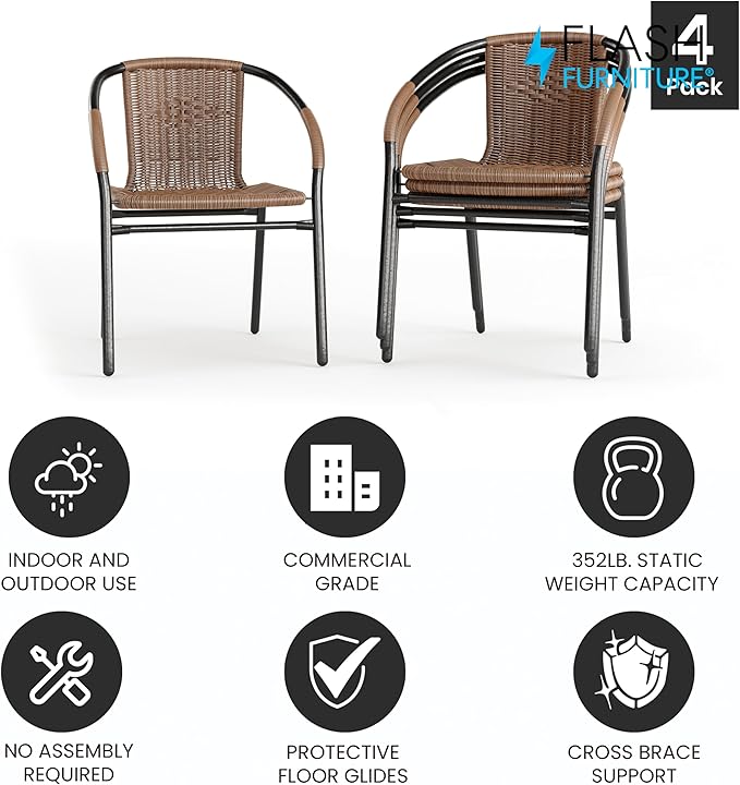 Flash Furniture Lila Modern Rattan Indoor/Outdoor Stackable Dining Chairs, Stacking Rattan Bistro Chairs for Patio or Restaurant, Set of 4, Brown