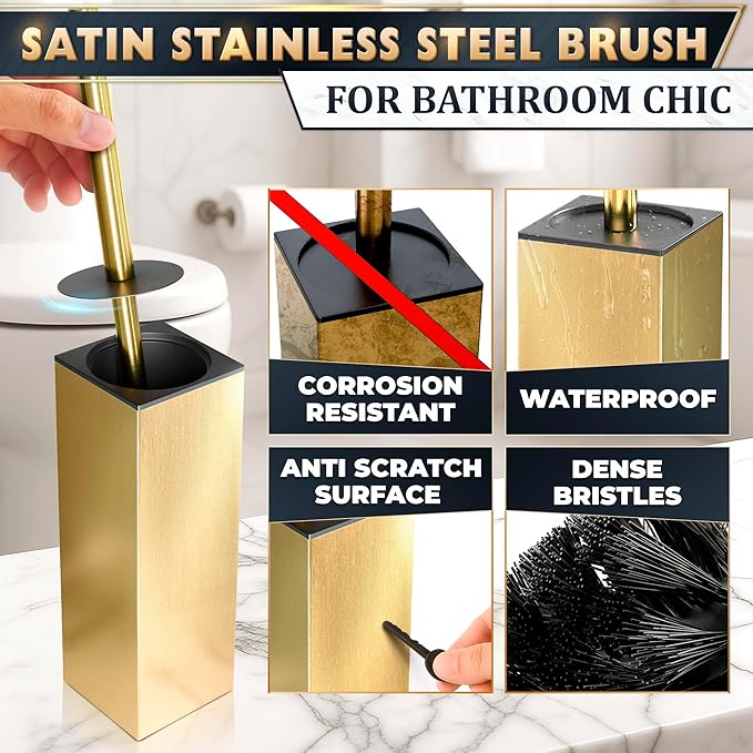 Stainless Steel Toilet Brush and Holder Set Gold & Square Design - Corrosion and Scratch-Resistant Gold Toilet Brush and Holder Set with Splash Protection - for Deep & Effective Bathroom Cleaning