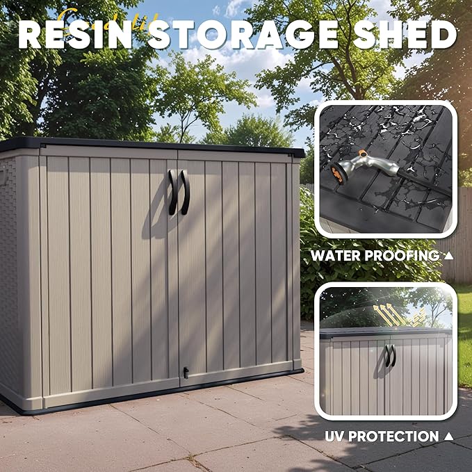 Devoko Outdoor Storage Cabinet 26 Cu Ft with Lockable Doors, Horizontal Storage Shed Waterproof Patio Tools Storage Box for Sofa Cushions, Gardening Tools and Accessories (Beige)