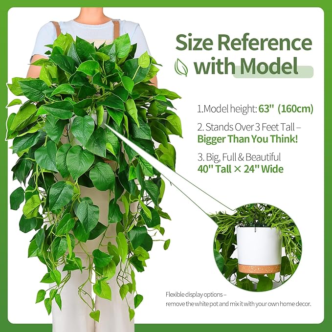 QIANYUN Fake Pothos Ivy Plant for Home Decor – 40" Fake Hanging Plants with Pot, Artificial Silk Greenery for Indoor Shelf, Bedroom, Living Room, Bathroom, or Office Decoration