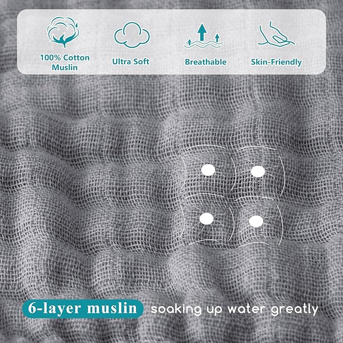 PHF 2 Pack Baby Hooded Towels, 100% Muslin Cotton Baby Bath Towel with Hood for Newborn, Infant, Toddler, Ultra Soft and Absorbent Baby Essentials Bath Towels for Boys Girls, 32x32Inch, White & Grey