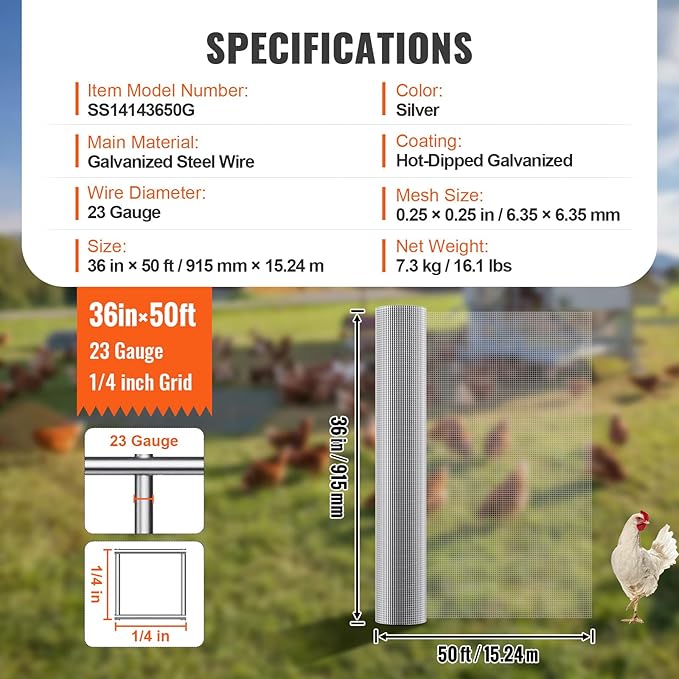 VEVOR Hardware Cloth, 1/4 inch 36in x 50 ft 23 Gauge, Hot Dipped Galvanized Wire Mesh Roll, Chicken Wire Fencing, Wire Mesh for Rabbit Cages, Garden, Small Rodents