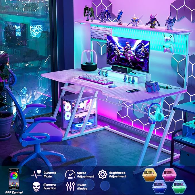 Armocity Pink Gaming Desk with Hutch and LED Lights, 53" Computer Desk with Storage Shelves, Reversible PC Gaming Desk with Pegboard, Gamer Desks for Bedroom, Carbon Fiber Surface