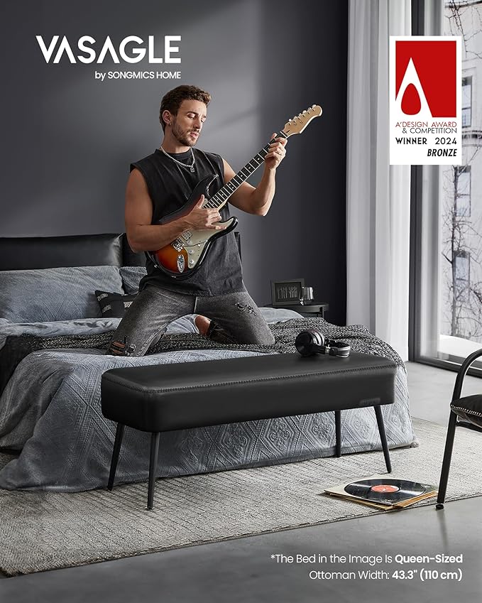 VASAGLE EKHO Collection - Bench for Entryway Bedroom, Synthetic Leather with Stitching, Ottoman Bench with Steel Legs, Living Dining Room, Mid-Century Modern, Loads 660 lb, Ink Black ULOM076B01