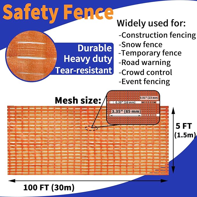 5' X 100' Safety Fence Orange Plastic Mesh Fence Roll for Temporary Construction Barrier Fence Snow Fence, Road Safety Warning Fencing Garden Netting Animal Barrier,Crowd Control