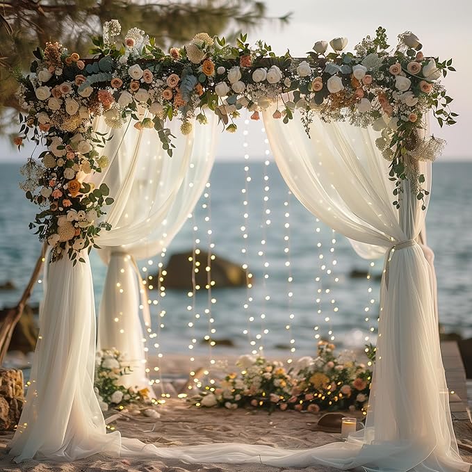 Fomcet Tulle Curtains with Lights String Ivory 20FT X 8FT Sheer Backdrop Curtains for Parties Wedding Baby Shower Photo Shoot Decorations (4 Panels 5x8FT)