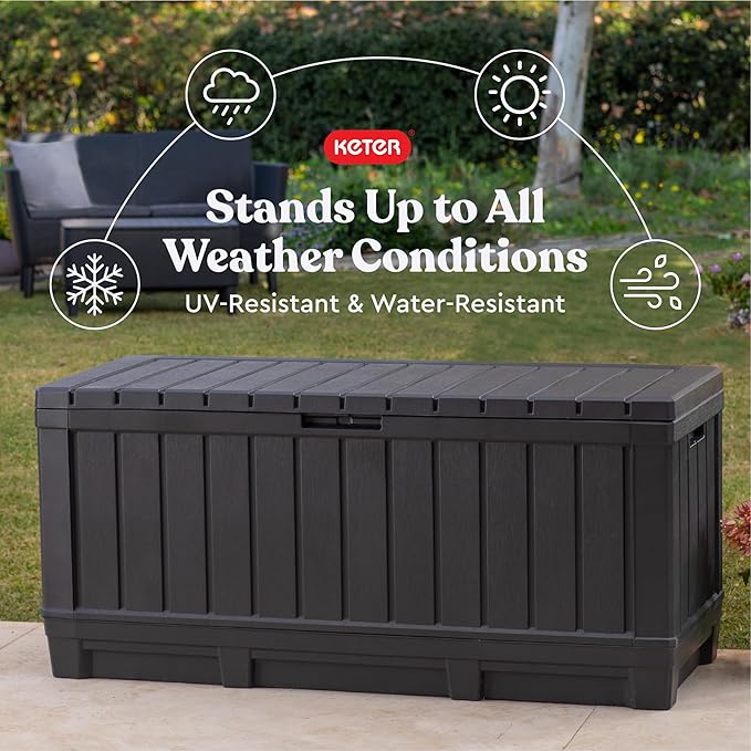 Keter Kentwood 92 Gallon Resin Deck Box-Organization and Storage for Patio Furniture Outdoor Cushions, Throw Pillows, Garden Tools and Pool Floats, Dark Grey