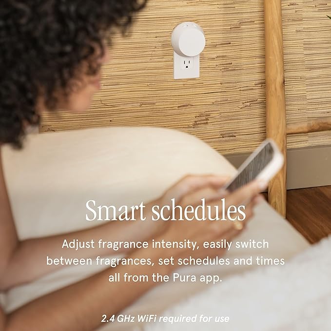 Pura - Smart Home Fragrance Device Starter Set - Pura 4 - Scent Diffuser for Home - Includes Fragrance Aroma Diffuser - Square Box, Apple Orchards and Lavender Fields Scent Refills
