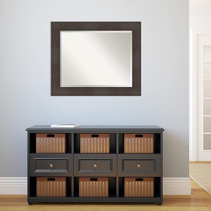 Amanti Art Brown Wall Mirror 28x34 William Rustic Woodgrain Rectangle Bathroom Mirror for Wall Decor Living Room, Large Classic Frame, Hangs Horizonally and Vertically, Bathroom Decor, Beveled Edge