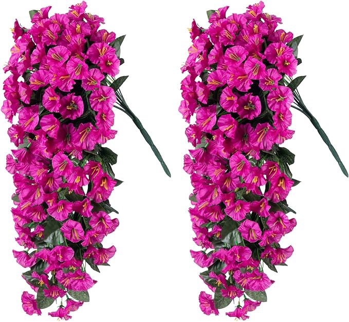 Artificial Faux Flowers Plants for Outdoor Outside Spring Summer Decoration, 2 PCS Fake Silk Fuchsia UV Resistant Realistic Morning Glory Long Trailing Vines for Hanging Planter Porch Patio Decor