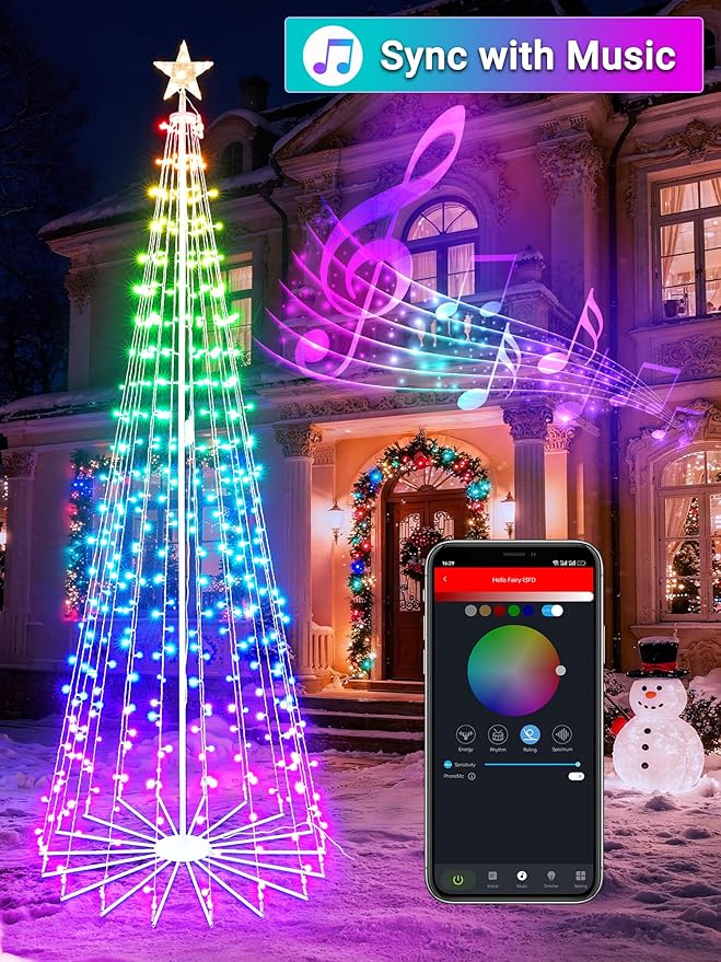Flacchi 7.8FT Smart Christmas Tree Lights - Star Tree Topper with Removable Bracket, App Control, Sync with Music, Waterfall Colored Lights for Indoor Outdoor Xmas Decorations (7.8FT/ String Lights)