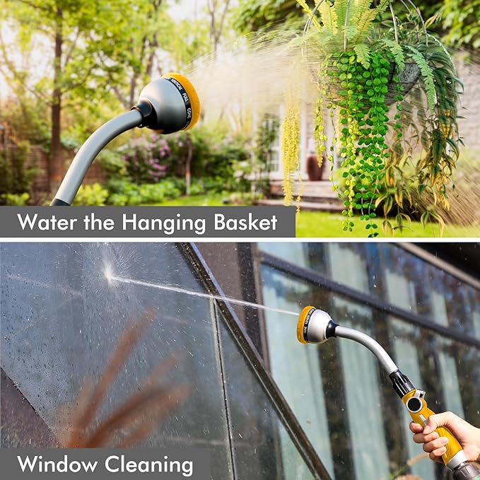 RESTMO Watering Wand Heavy Duty, Metal Garden Hose Wand with 10 Spray Patterns, 15-Inch Long Hose Nozzle Sprayer with Thumb Flow Control, Ideal to Water Hanging Baskets and Shrubs, Yellow