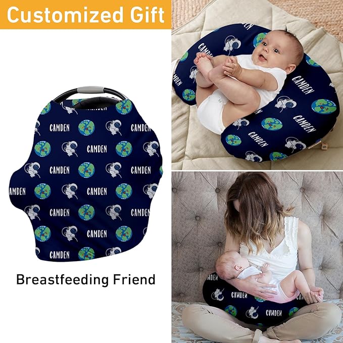 Personalised Car Seat Cover for Babies - Multi-use Carseat Canopy Cover with Name, Blue Astronaut Print Car Seat Covers, Christmas Birthday Gifts for Infant Boys and Girls(27"x29")
