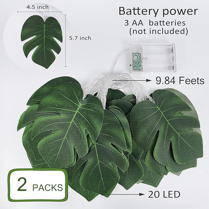 RECUTMS Monstera Leaf String Lights 2 Pack, 20LED Tropical Artificial Rattan Palm Green Leaves Wall Hanging Vine Greenery,Outdoor Indoor Hawaiian Luau Jungle Safari Beach Theme Party Summer Decoration
