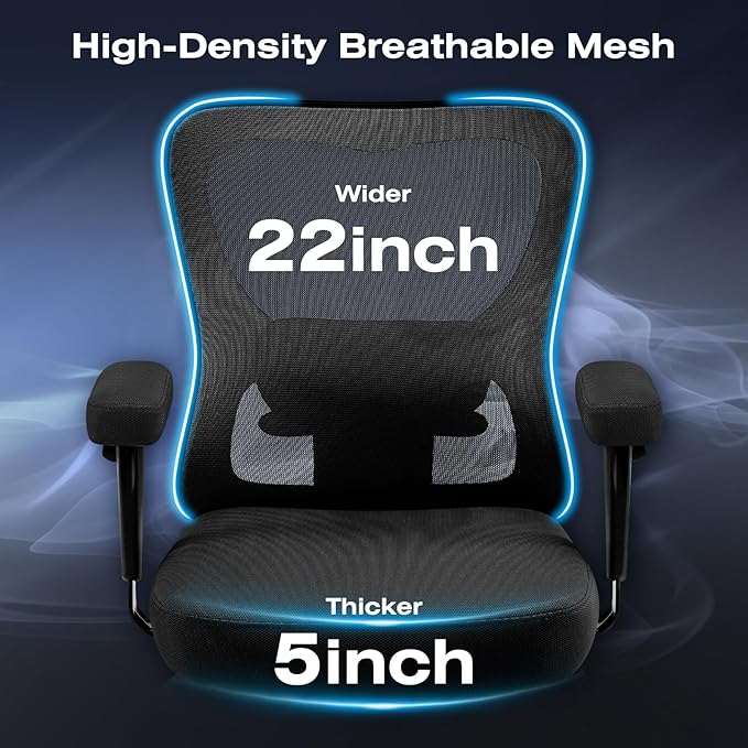 Big and Wide Office Chair 500lbs，Ergonomic Desk Chair with 4 Way Adjustable Lumbar Support, Thicker Seat Cushion, 2D Armrest, Rocking Function, Stable Comfy Computer Mesh Chairs, Black