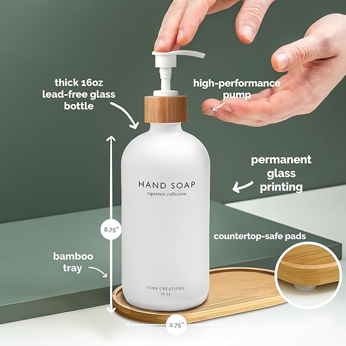 Vine Creations White Glass Soap Dispenser Set, Hand Soap and Dish Soap Dispenser Set with Bamboo Tray, 16 oz Glass Dispensers Bottle for Kitchen and Bathroom Decor Modern Boho with Bamboo Pump (White)