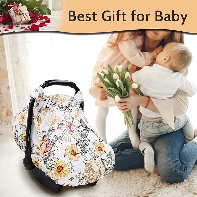 Floral Baby Car Seat Cover for Girl,Infant Carseat Canopy Sun Cover，Baby Carrier Cover with Zipped Peep Windows and Breathable Mesh, Stretchy 3in1Multi-use Stroller Cover