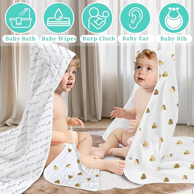 VOOVA & MOVAS 6 Pack 100% Muslin Cotton Baby Washcloths with Handing Loop | 13x13 Inches | Highly Absorbent | Ultra-Soft Newborn Burp Cloths | Perfect Set |Golden Love & Grapheme Love Patten