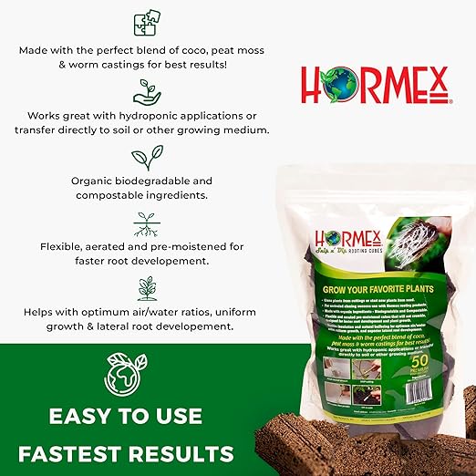 Hormex Rooting Cubes - Peat Moss & Coco Plugs for Cloning Plants from Cuttings and Seed Starting - Organic Plant Starter for Strong Root Growth - Ideal for Home, Indoor and Outdoor Gardening - 50 Pack