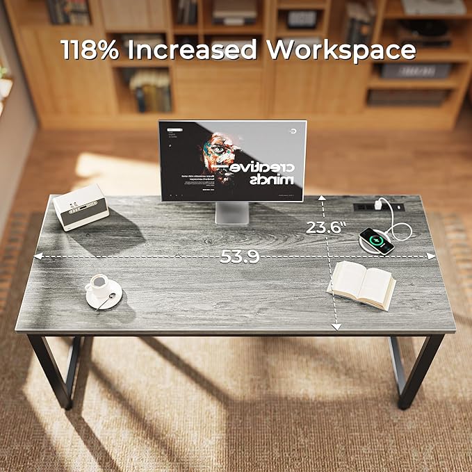 Huuger 55 x 24 inch Desk with Power Outlets & USB-C, Deeper & Thicker Desktop, Robust Metal Tubes, Computer Desk, Heavy Duty Office Desk, Work Gaming Desk for Home Office, Grey