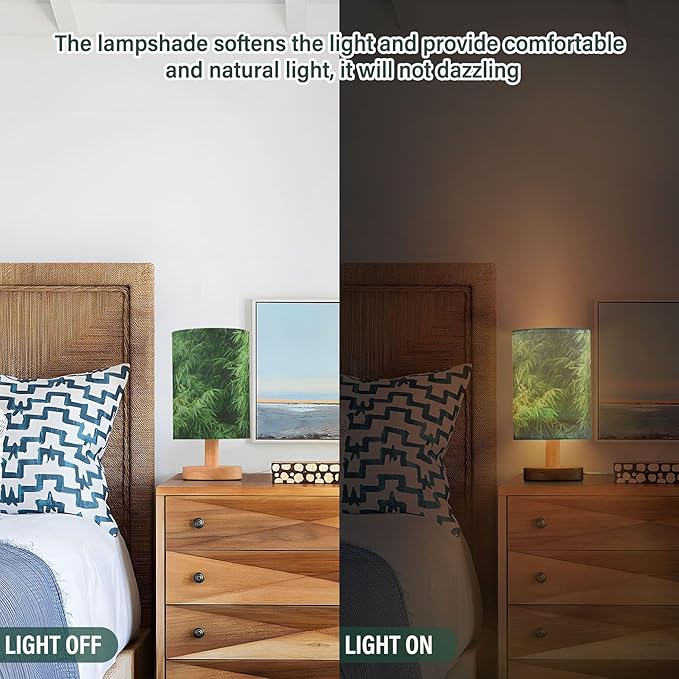 Green Bamboo Field Forest Botanical Print Table Lamp with Wood Base Fabric Lamp Shade Bedside Nightstand Desk Lamp for Living Room Bedroom Kids Room Office