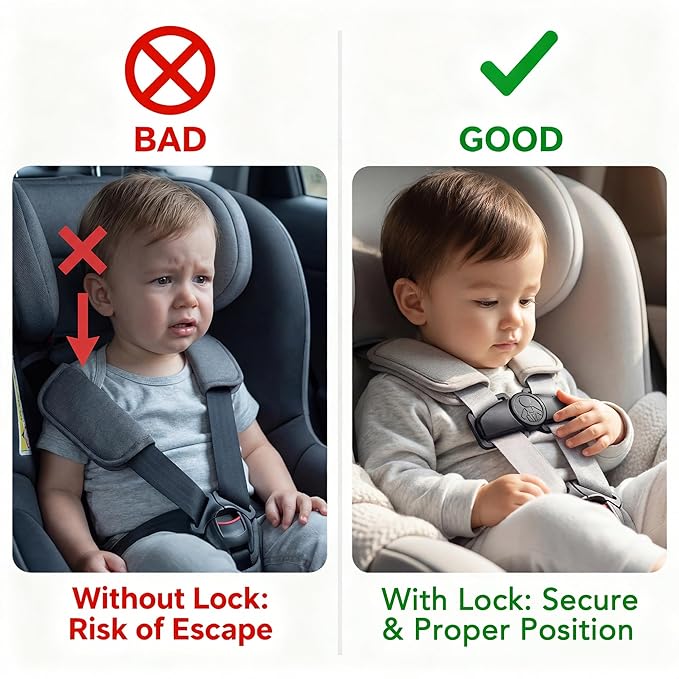 Anti Escape Car Seat Buckle Guard & Chest Harness Clip Lock - Child Safety Buckle Lock for Kids, Toddler, Stroller and Car Seat Belt (Style A, Black 2 Pack)