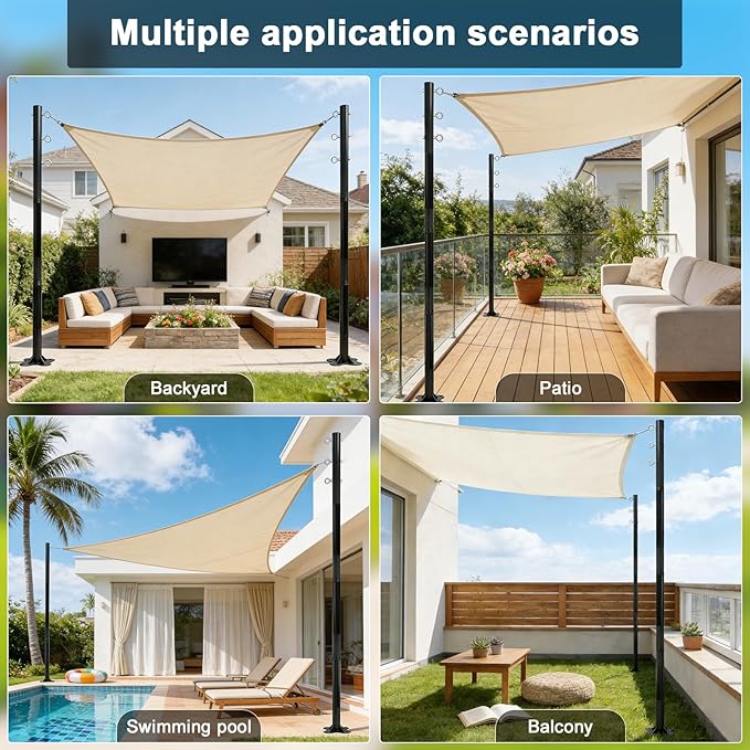 2 Pack 12 Ft Shade Sail Poles, Heavy Duty Metal Outdoor Support Post Kit, Rust-Resistant Shade Sail Support Poles, Adjustable Metal Sun Shade Poles For Patios, Courtyards, Backyards And Gardens