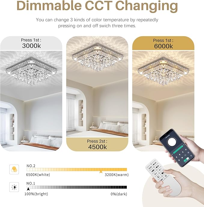 COCOSTAR 24 inch Crystal Flush Mount Chandelier Remote/APP, Modern Raindrop LED Ceiling Light, 3CCT Dimmable & Brightness Adjustable,Elegant Chandeliers for Bedroom Hallway Dinning Room Living Room