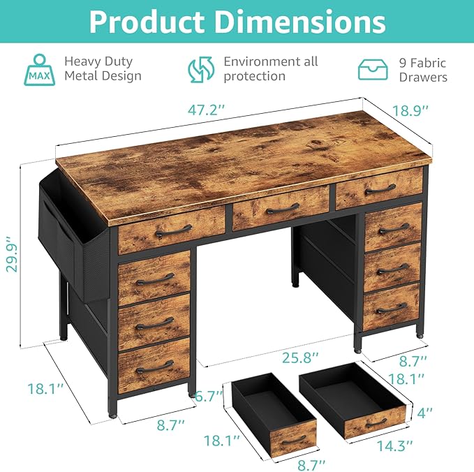 Lufeiya 47 Inch Computer Desk with 9 Drawers, Office Desk Work Desk for Home Office, Study, Writing Desk with Fabric Drawers on Both Sides, Large Storage, Rustic Brown