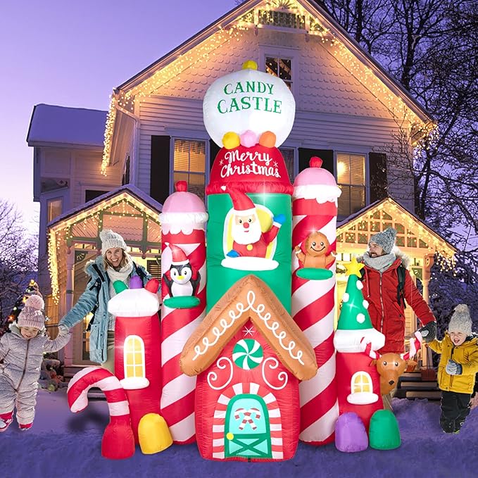 Hioasis 10 FT Christmas Inflatable Decorations,Gaint Candy Castle Inflatable with Santa,Reindeer,Penguin,Gingerbread - Blow Up Yard Outdoor Decorations with LED Lights Built-in,Perfect for Christmas