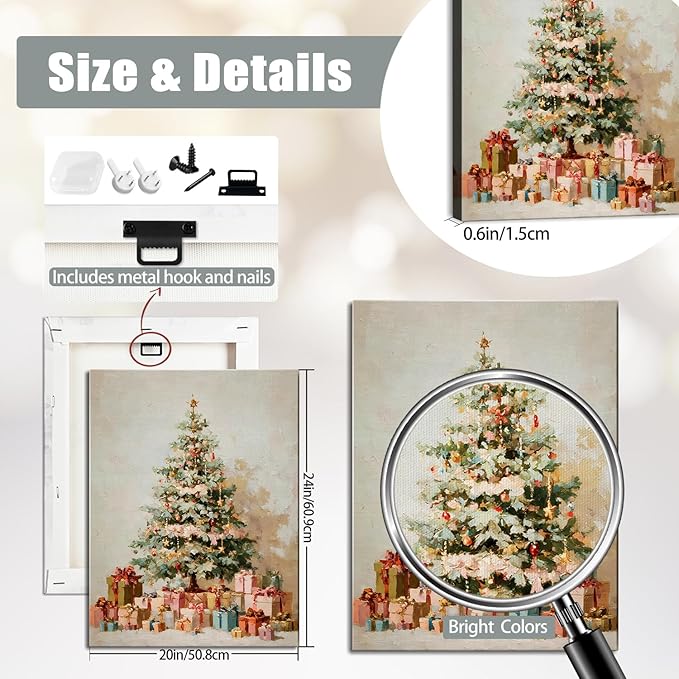 Vintage Evergreen Tree Christmas Canvas Wall Art - Rustic Pine with Gifts Framed Canvas Prints for Kitchen & Bathroom, Cozy Christmas Wall Decor, Ideal Christmas Gifts & Winter Decor