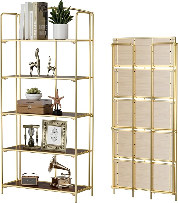 Crofy No Assembly Folding Bookshelf for Living Room, 5 Tier Gold Collapsible Book Shelf for Home Office, Portable Bookcase Storage Organizer