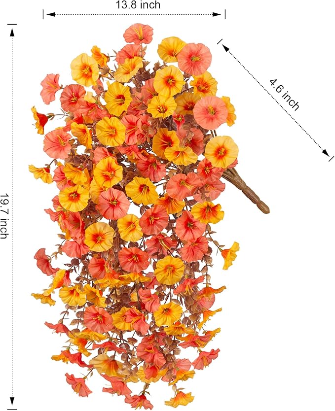 2 PCS Artificial Faux Fall Hanging Flowers Plants for Outdoor Decor,Fake Silk Morning Glory with Eucalyptus UV Resistant Mums for Wall Home Porch Patio Balcony Yard Indoor Decor (Fall Orange+Yellow)