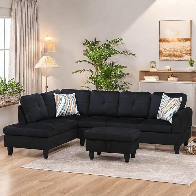 L Shaped Sectional Couches for Living Room, Modern Modular Sectional Sofa with Ottoman Storage, Comfy L Shaped Couch with Chaise for Bedroom Apartment Furniture, Black