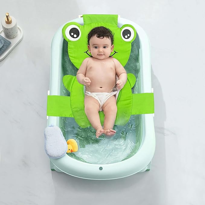 Baby Bath Seat Support Net, Quick Drying, Adjustable, Comfortable, Non-Slip, Infant Bathtub Sling Shower Mesh for a Tub, Soft Newborn Bath Mat (Green Frog)